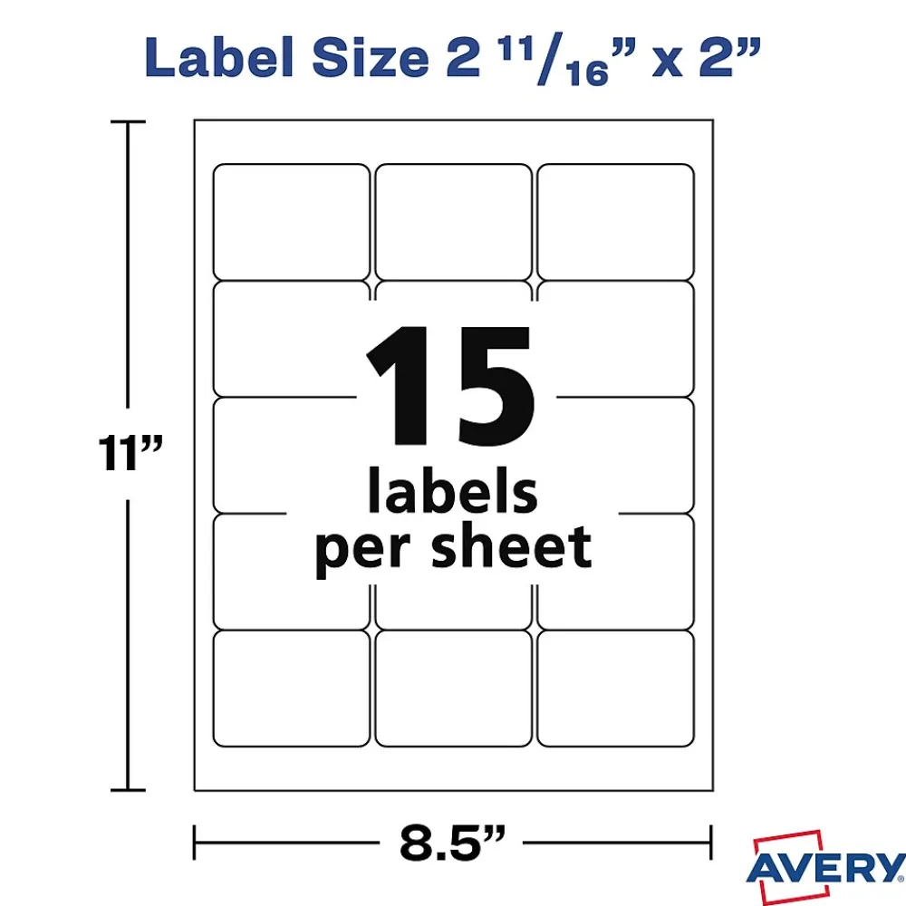 Labels|Avery Laser/Inkjet Media Labels, 2" x 2-11/16", White, 15/Sheet, 25 Sheets/Pack (6490)