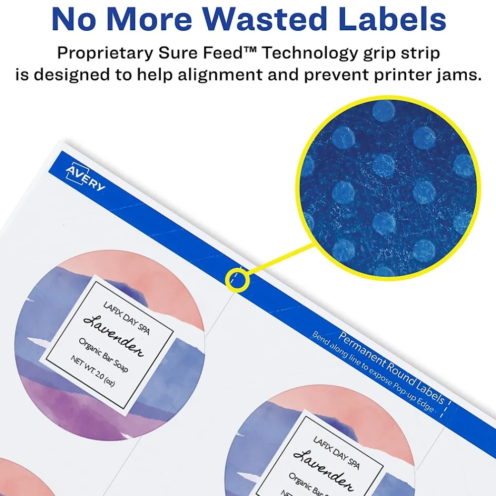 Clearance Avery Printable Round Labels with Sure Feed, 2" Dia, Matte White, 300 Labels/Pack (22877)