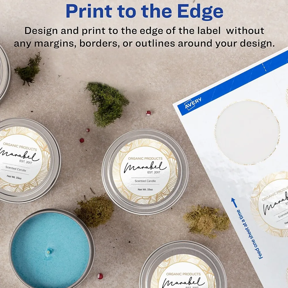 Sale Avery Print-to-the-Edge Laser/Inkjet Round Labels, 2 1/2" Dia, Glossy White, 90 Labels/Pack (22830)