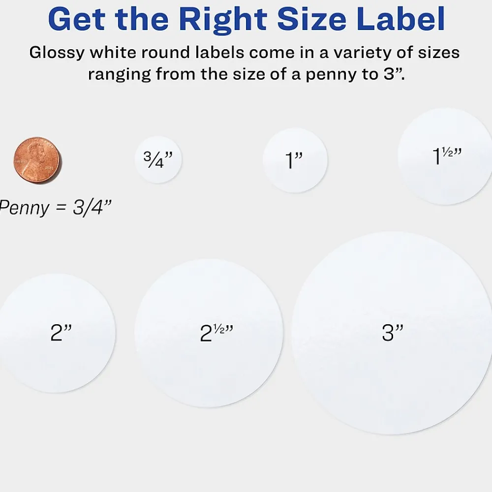 Sale Avery Print-to-the-Edge Laser/Inkjet Round Labels, 2 1/2" Dia, Glossy White, 90 Labels/Pack (22830)