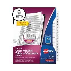 Dividers|Avery Ready Index Table of Contents Paper Dividers, 1-31 Tabs, White, 6 Sets/Pack (11827)
