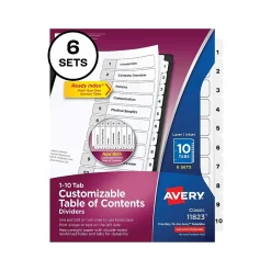 Dividers|Avery Ready Index Table of Contents Paper Dividers, 1-10 Tabs, White, 6 Sets/Pack (11823)