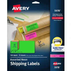 New Avery Sure Feed Laser Shipping Labels, 2" x 4", Assorted Neon: Green, Pink, Yellow, 150 Labels/Pack (5978)