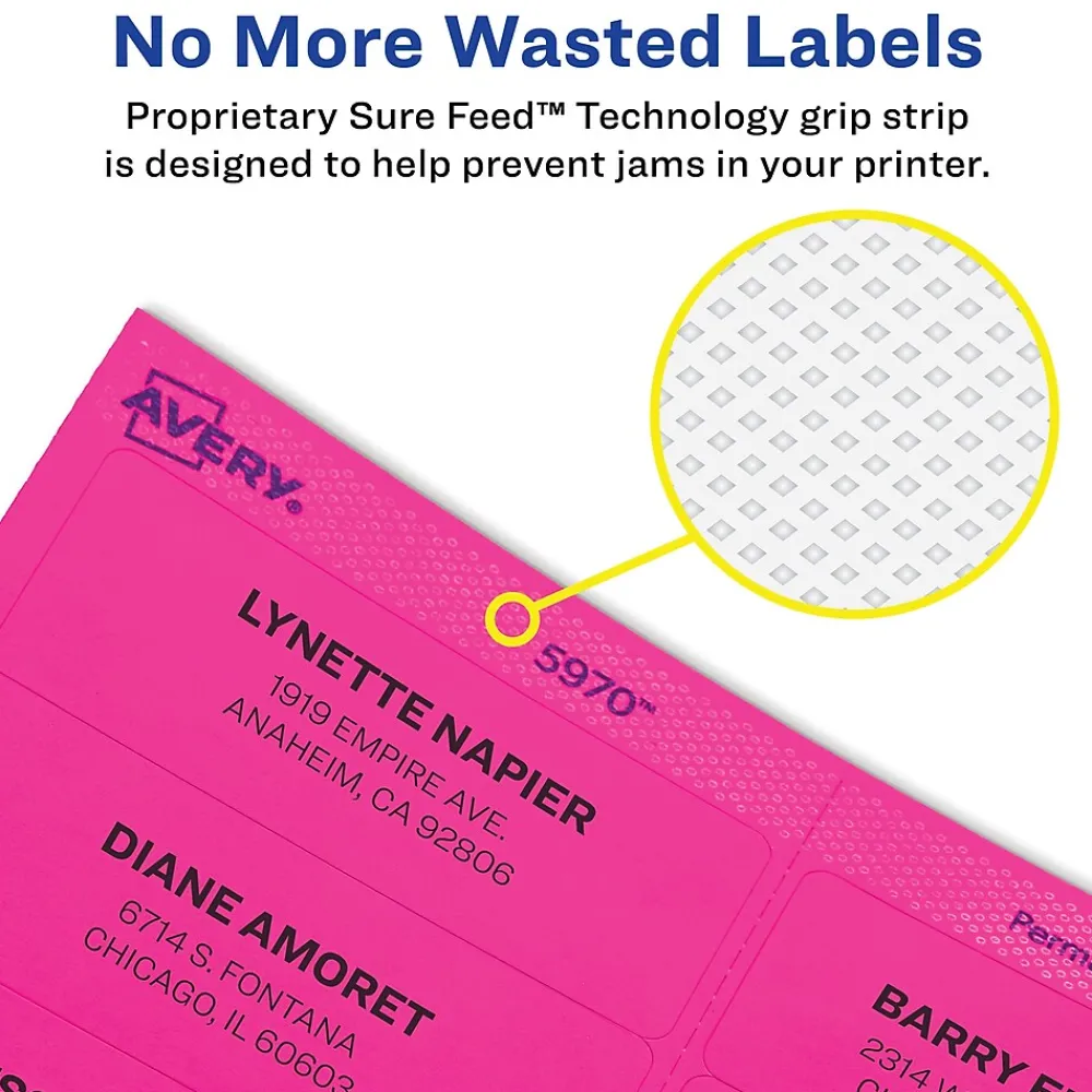 Labels|Avery Sure Feed Laser/Inkjet ID Labels, 3-1/3" x 4", Assorted Neon, 72 Labels/Pack (6482)