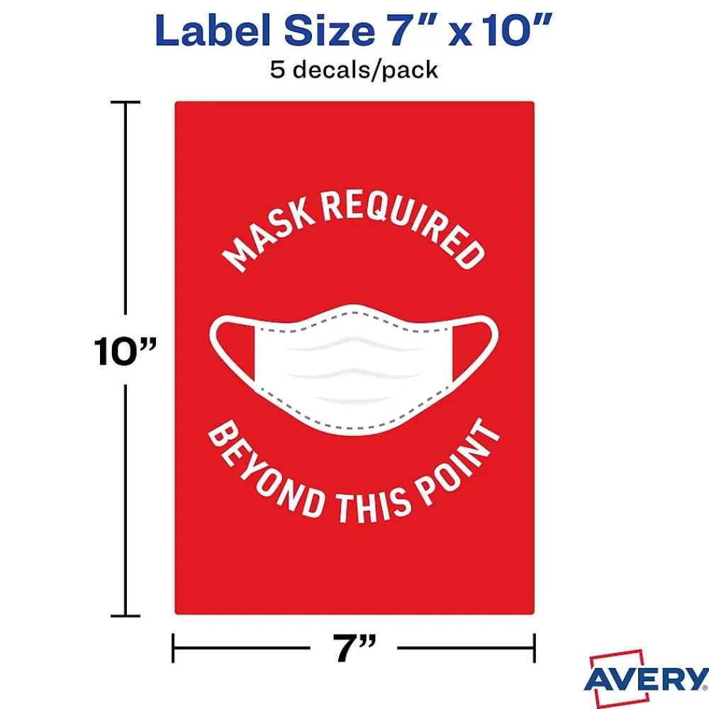 Avery Surface Safe "Mask Required Beyond This Point" Preprinted Wall Decals, 7" x 10", Red/White, 5 Pack (83177)