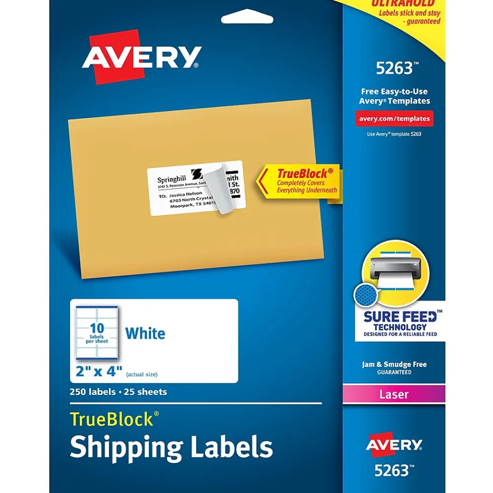 Online Avery TrueBlock Laser Shipping Labels, 2" x 4", White, 250 Labels/Pack (5263)
