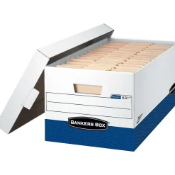 File Storage|Bankers Box® Bankers Box Presto Heavy-Duty Instant Assembly File Storage Boxes, Lift-Off Lid, Letter Size, White/Blue, 4/Pack (0063102)