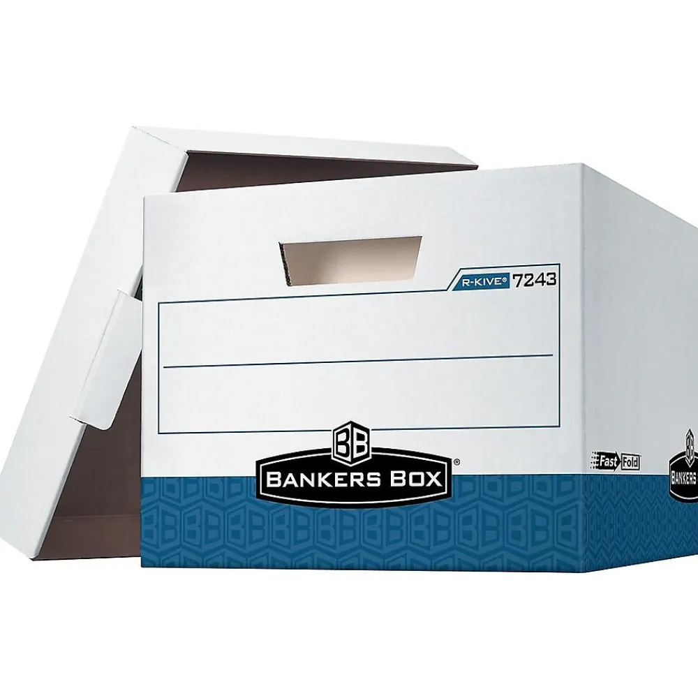 File Storage|Bankers Box® Bankers Box R-Kive® Heavy-Duty FastFold File Storage Boxes, Lift-Off Lid, Letter/Legal Size, White/Blue, 4/Carton (0724303)