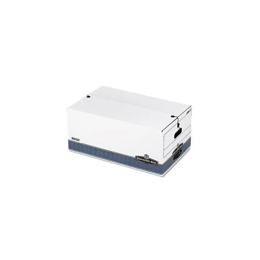 File Storage|Bankers Box® Bankers Box Stor/File Medium-Duty FastFold File Storage Boxes, String & Button, Legal Size, White/Blue, 4/Carton (0070503)