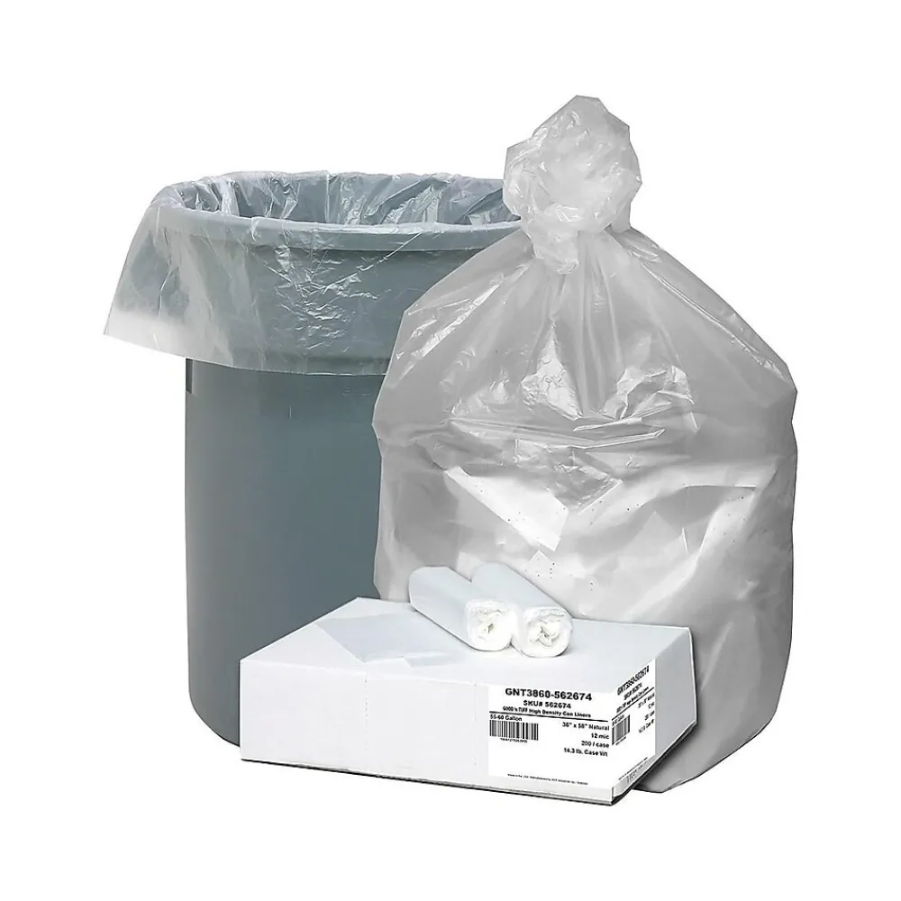 Good'nTuff 60 Gallon Industrial Trash Bag, 38" x 58", High Density, 12 mic, Natural, 200 Bags/Box (GNT3860)<Berry Global New
