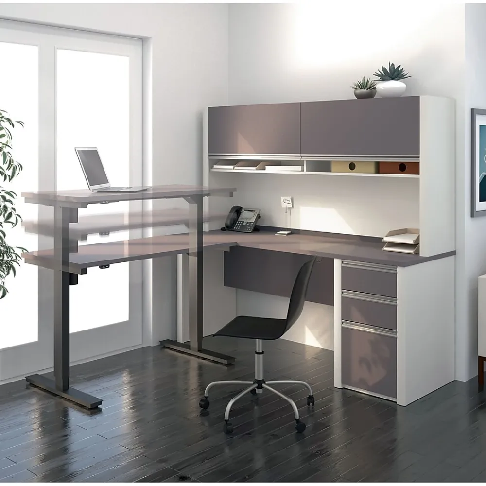 Standing Desks*bestar Connexion 72"W L-Desk with Hutch & Electric Height-Adjustable Desk, Slate/Sandstone (93886-59)