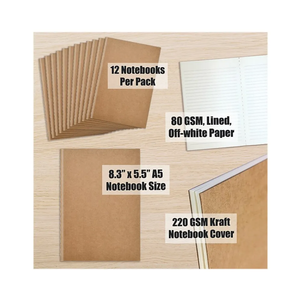 Composition Notebooks|Better Office Composition Notebooks, 5.5" x 8.3", Narrow Ruled, 30 Sheets, Kraft, 12/Pack (25020-12PK)