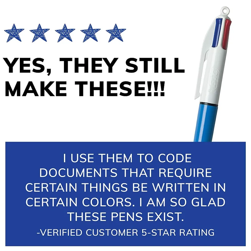Pens|BIC 4-Color Retractable Ballpoint Pens, Medium Point, 1.4mm, Assorted Ink, 3/Pack (14540)