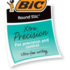 Pens|BIC Round Stic Xtra Precision Ballpoint Pens, Fine Point, 0.8mm, Black Ink, Dozen (20129/GSF11BK)