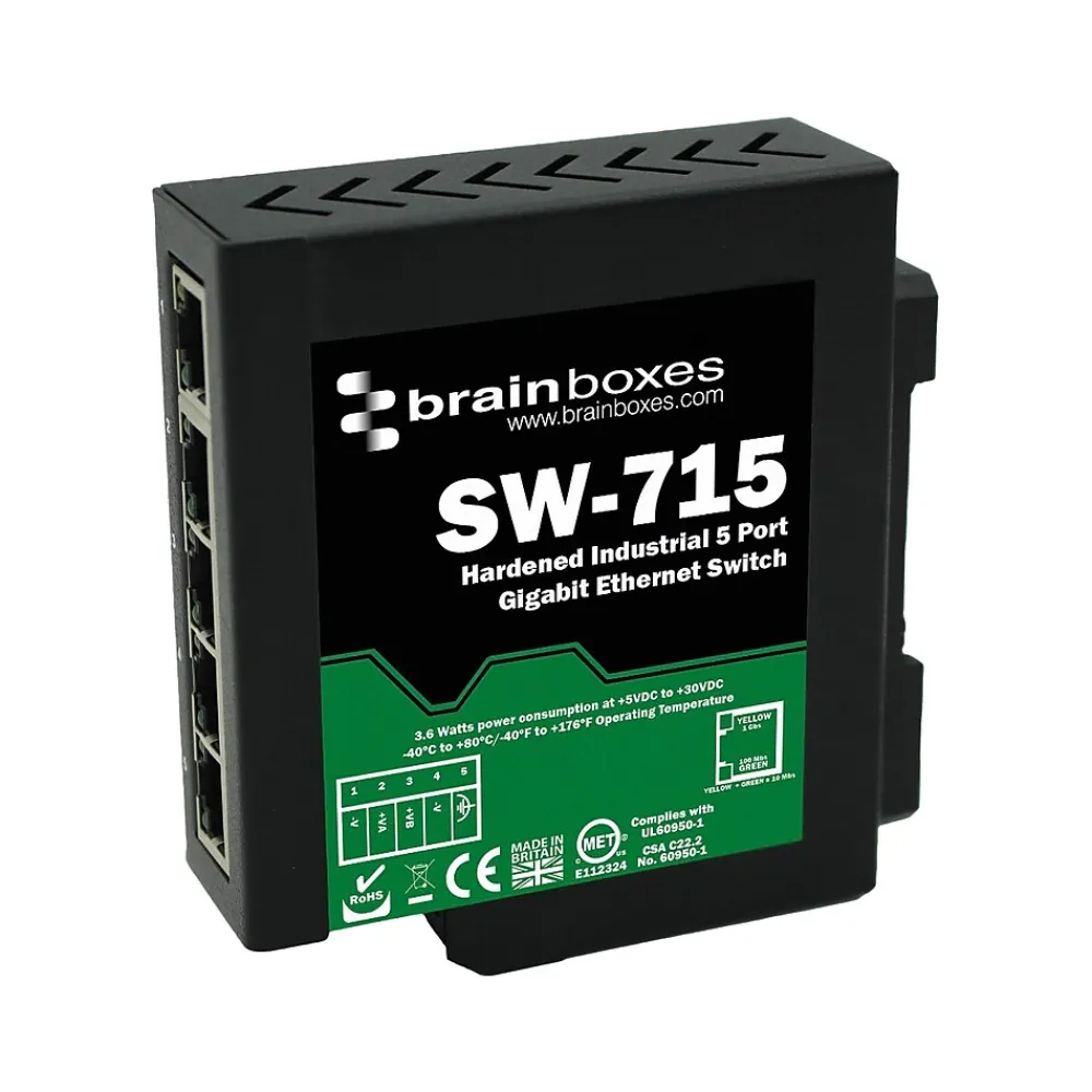 Hot Brainboxes Industrial 5-Port Gigabit Ethernet Unmanaged Switch, 10/100/1000 Mbps, Black (SW-715)