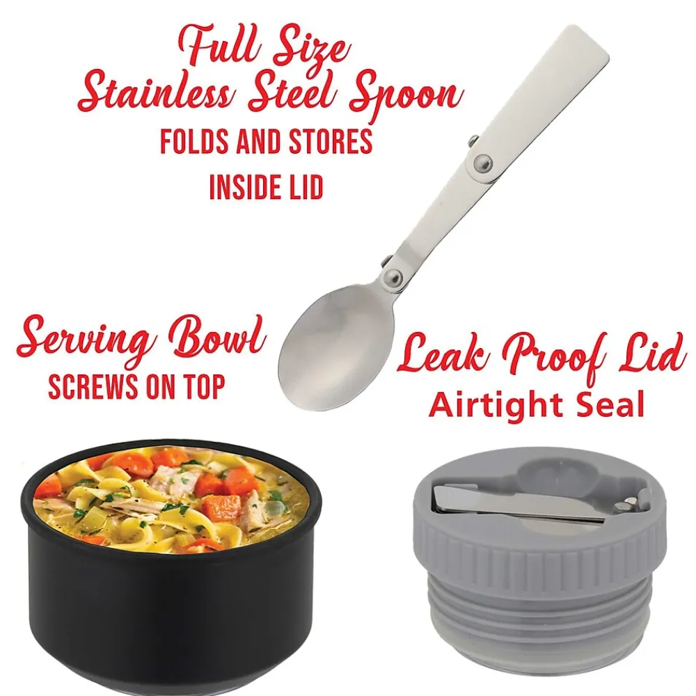 Geojug Stainless Steel Double Walled Food Jar with Bowl & Folding Spoon, 17 oz., Black (FTS-500BK)<Brentwood Sale