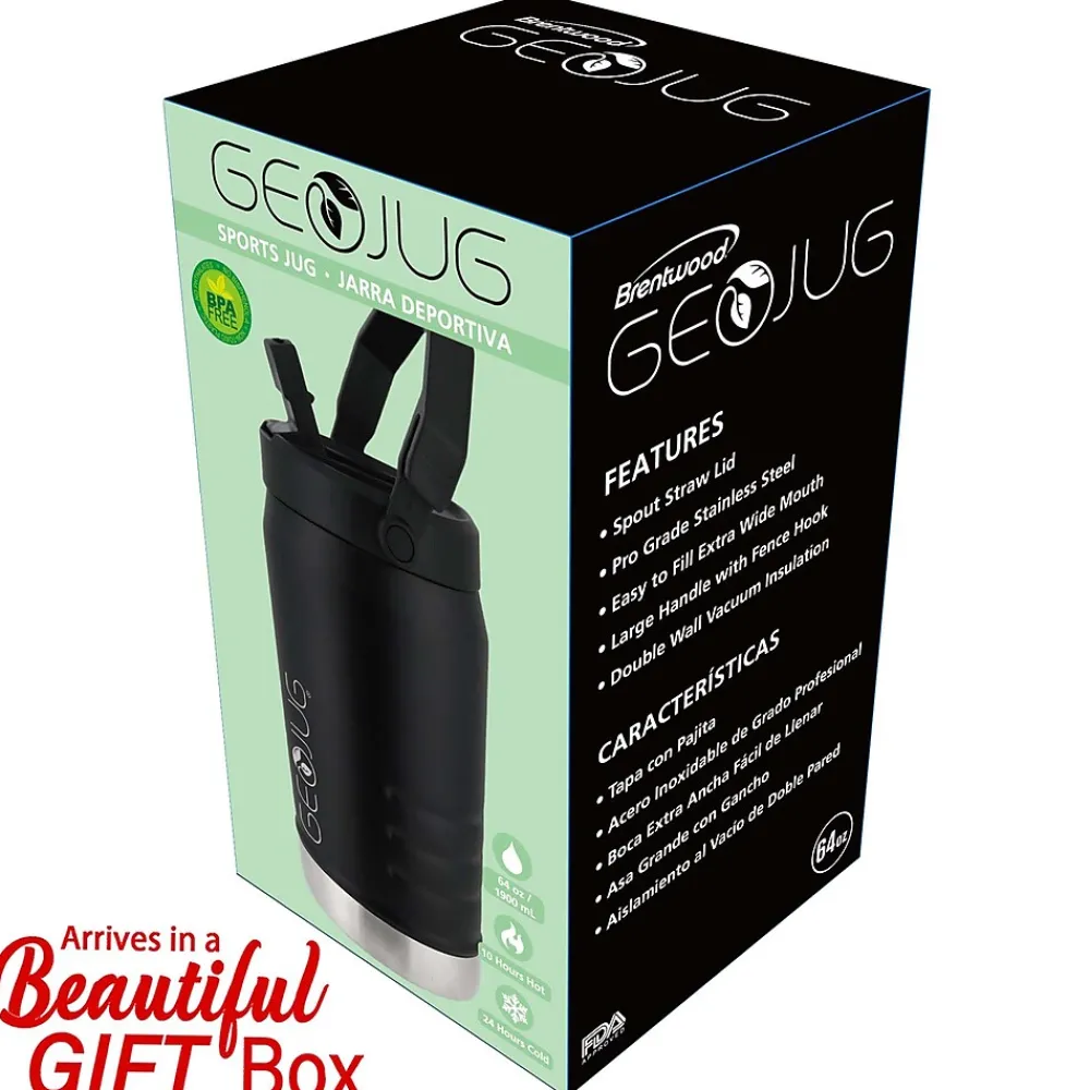 Geojug Stainless Steel Double Walled Sports Water Jug, 64 oz., Black (G-1900BK)<Brentwood Discount