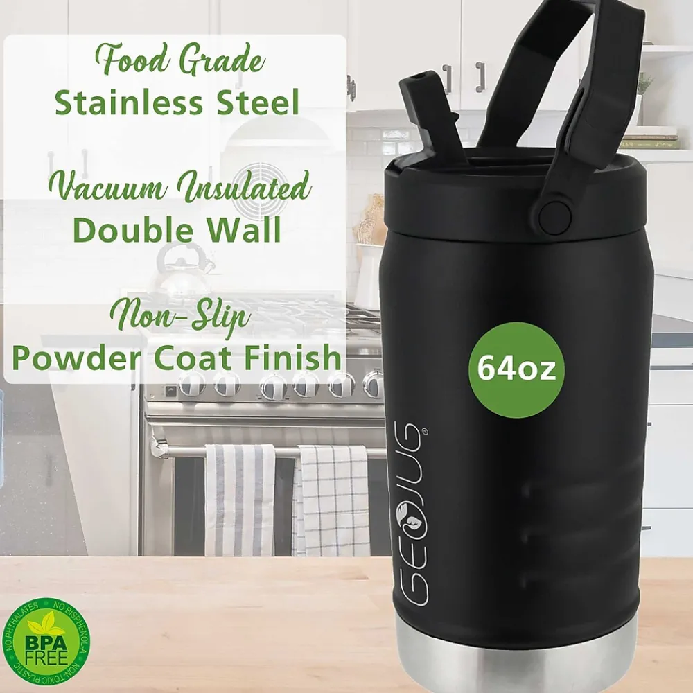 Geojug Stainless Steel Double Walled Sports Water Jug, 64 oz., Black (G-1900BK)<Brentwood Discount