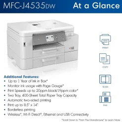 Brother INKvestment Tank MFC-J4535DW Wireless Color Inkjet Printer, All-In-One Supertank, Print, Scan, Copy, Fax