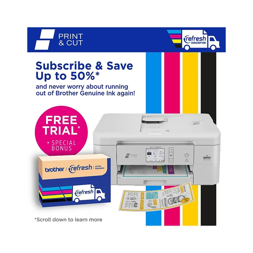 Brother Print & Cut MFC-J1800DW Wireless Color Inkjet Printer, All-In-One, Print, Scan, Copy, Fax