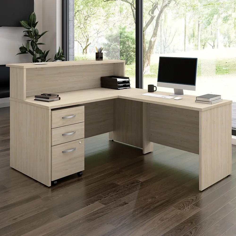 L-Desks*Bush Business Furniture Arrive 60"W L Shaped Reception Desk with Shelf and Mobile File Cabinet, (ARV004NE) Natural Elm