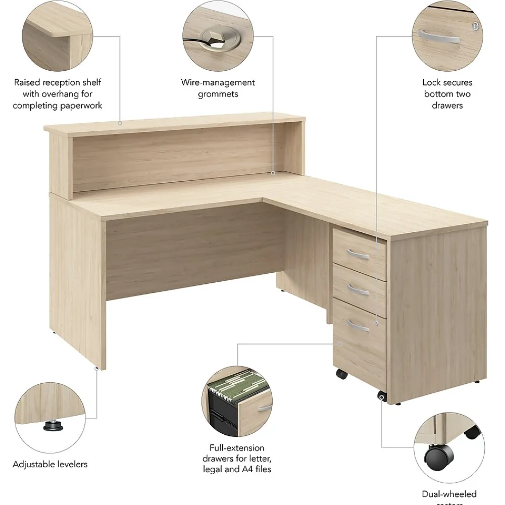 L-Desks*Bush Business Furniture Arrive 60"W L Shaped Reception Desk with Shelf and Mobile File Cabinet, (ARV004NE) Natural Elm