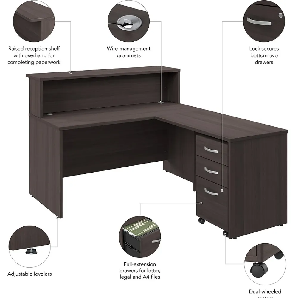 L-Desks*Bush Business Furniture Arrive 60"W L Shaped Reception Desk with Shelf and Mobile File Cabinet, (ARV004SG) Storm Gray