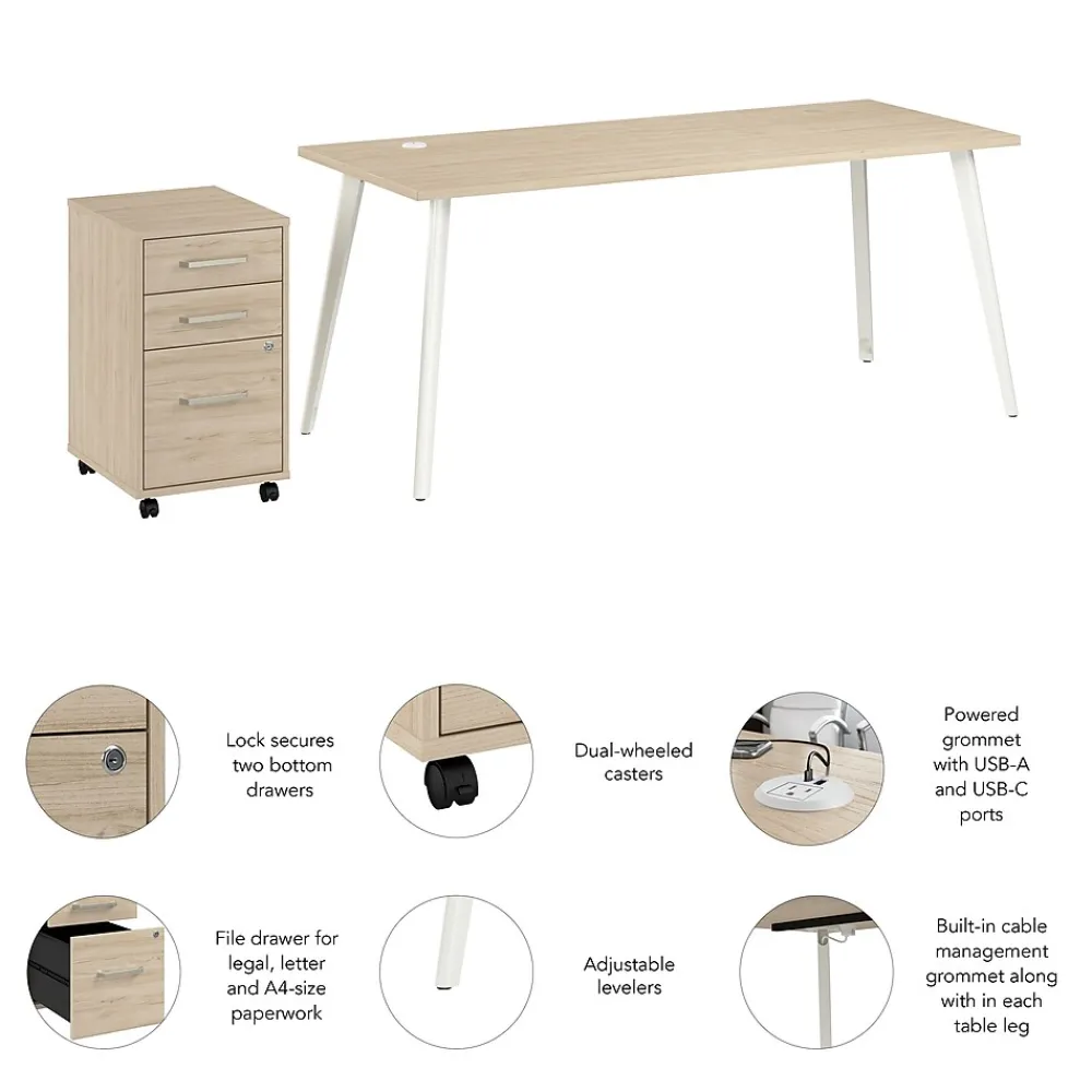 Office Desks*Bush Business Furniture Vista 72"W Desk with 3 Drawer Mobile File Cabinet, Natural Elm (VST001NESU)