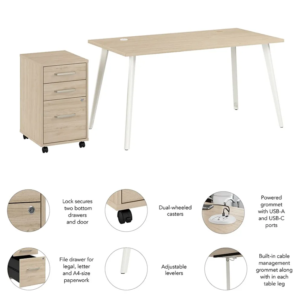 Office Desks*Bush Business Furniture Vista 60"W Desk with 3 Drawer Mobile File Cabinet, Natural Elm (VST002NESU)