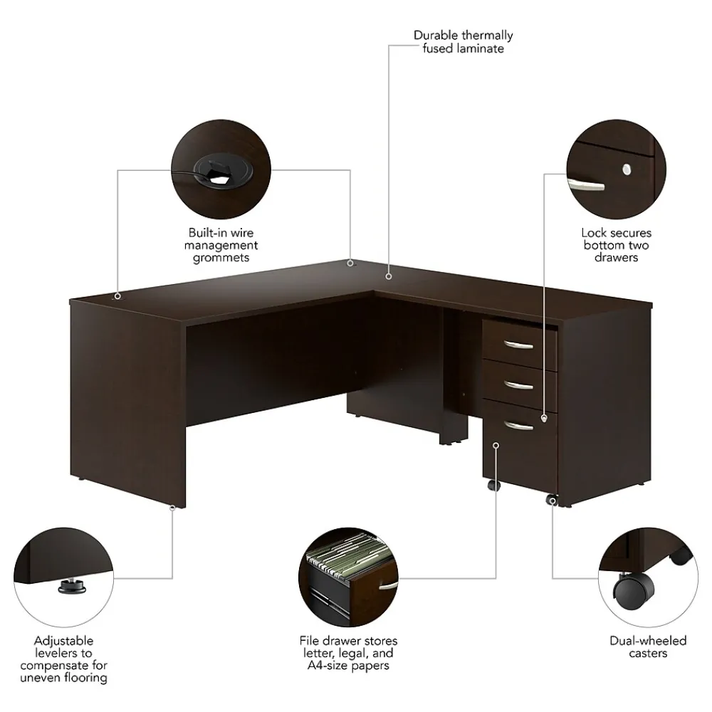 L-Desks*Bush Business Furniture Westfield 66"W L Shaped Desk with 42W Return and Mobile File Cabinet, Mocha Cherry (SRC165MRSU)