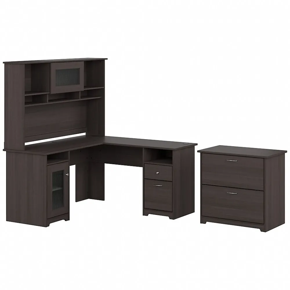 L-Desks*Bush Furniture Cabot 60"W L Shaped Computer Desk with Hutch and Lateral File Cabinet, Heather Gray (CAB005HRG)