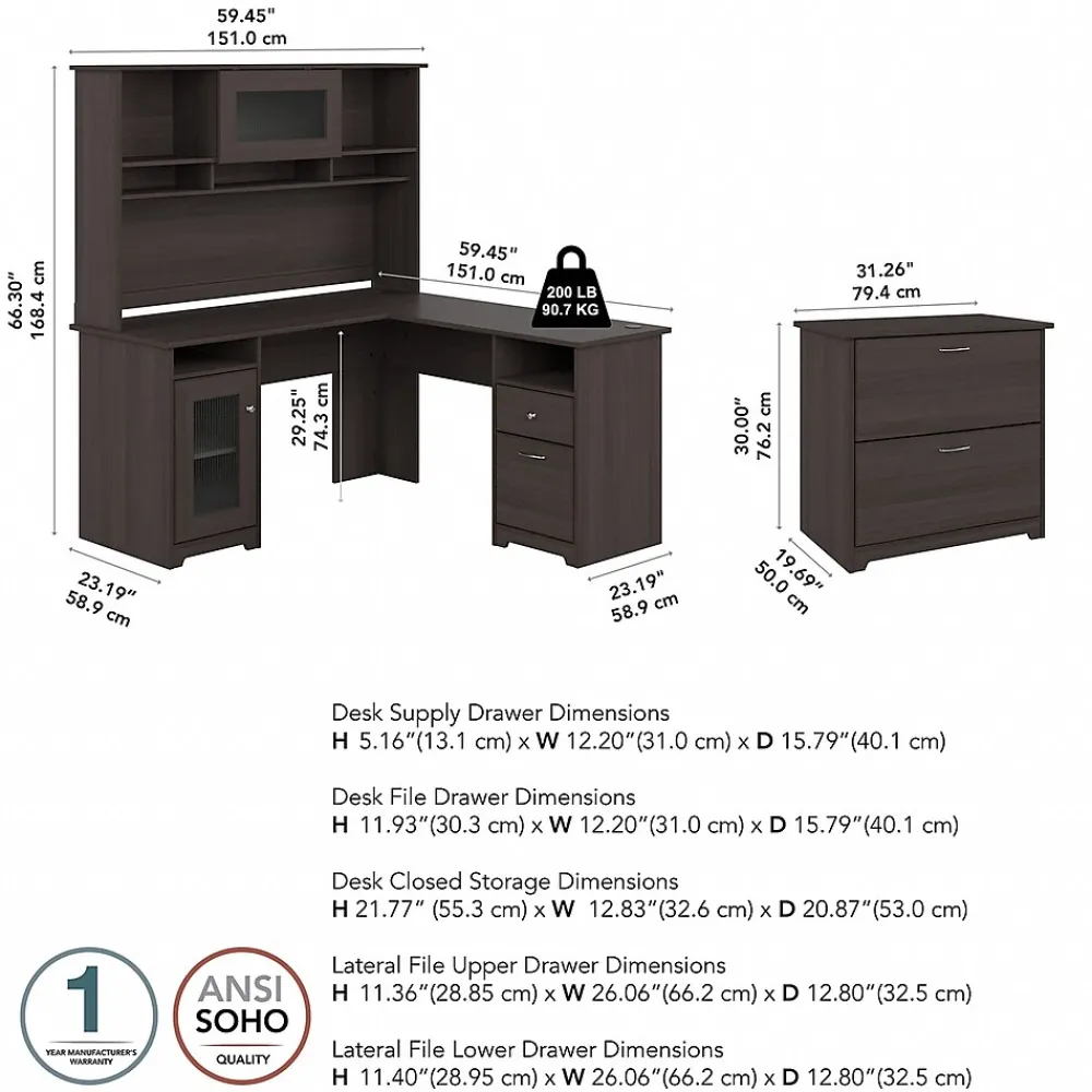 L-Desks*Bush Furniture Cabot 60"W L Shaped Computer Desk with Hutch and Lateral File Cabinet, Heather Gray (CAB005HRG)