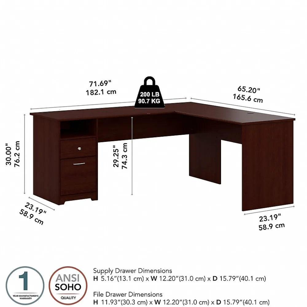 L-Desks*Bush Furniture Cabot 72"W L Shaped Computer Desk with Drawers, (CAB051HVC) Harvest Cherry