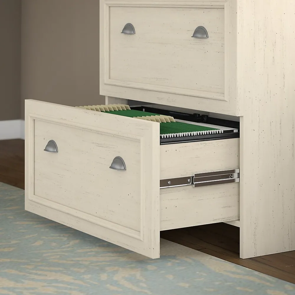 L-Desks*Bush Furniture Fairview 60"W L Shaped Desk with Hutch, File Cabinet, Bookcase and Storage, Antique White/Tea Maple (FV013AW)