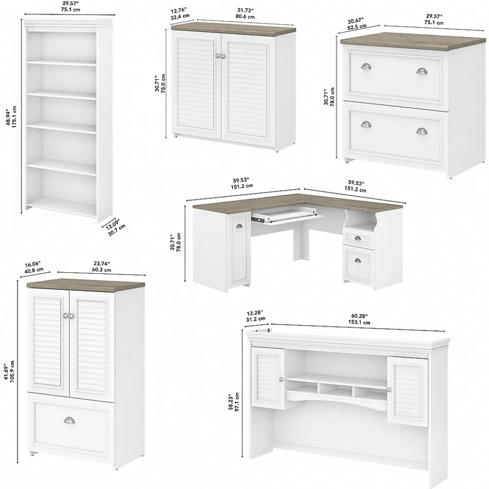 L-Desks*Bush Furniture Fairview 60"W L Shaped Desk with Hutch, Bookcase, Storage and File Cabinets, (FV014G2W) Shiplap Gray/Pure White
