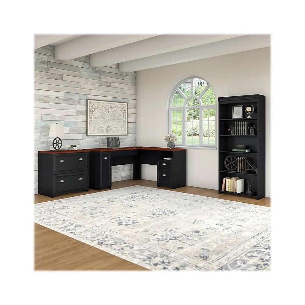 L-Desks*Bush Furniture Fairview 60"W L Shaped Desk with Lateral File Cabinet and 5 Shelf Bookcase, Antique Black (FV008AB) Antique Black/Hansen Cherry