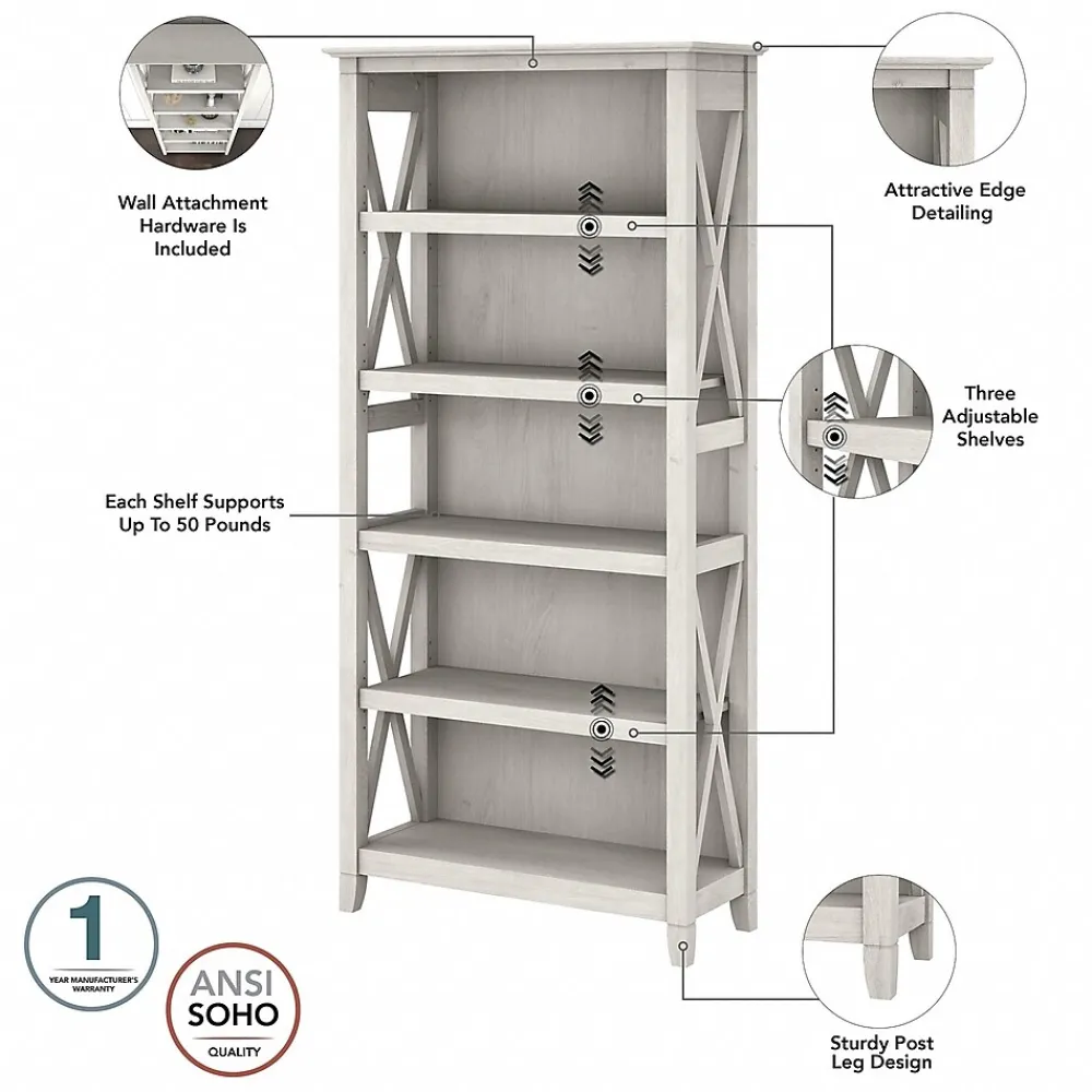Bookcases*Bush Furniture Key West 66"H 5-Shelf Bookcase with Adjustable Shelves, Linen White Oak Laminated Wood (KWB132LW-03)
