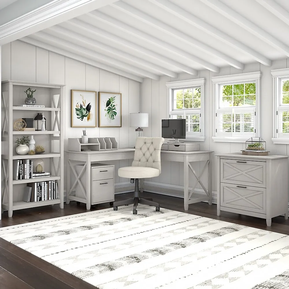 Bookcases*Bush Furniture Key West 66"H 5-Shelf Bookcase with Adjustable Shelves, Linen White Oak Laminated Wood (KWB132LW-03)