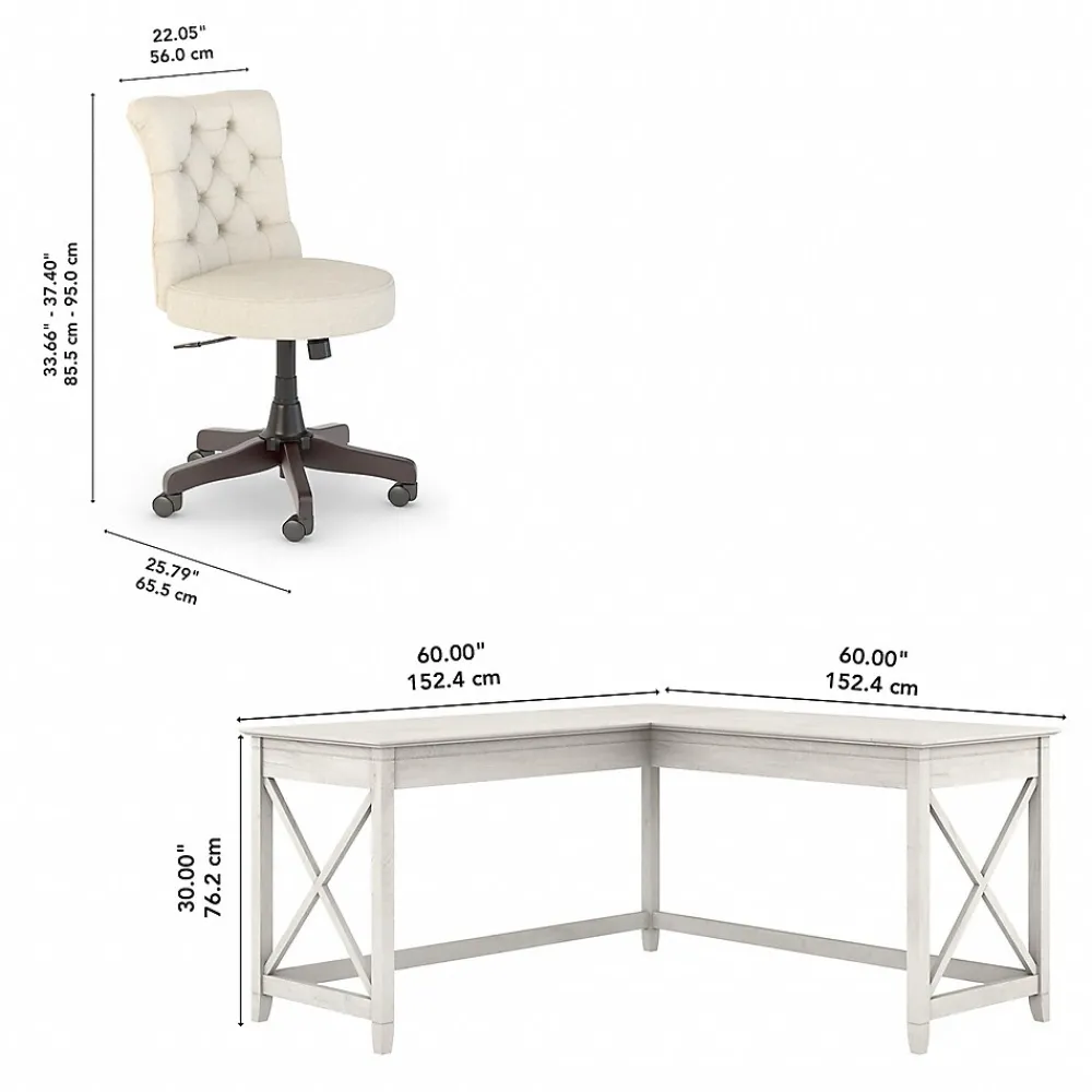 L-Desks*Bush Furniture Key West 60"W L Shaped Desk with Mid Back Tufted Office Chair, Linen White Oak (KWS045LW)
