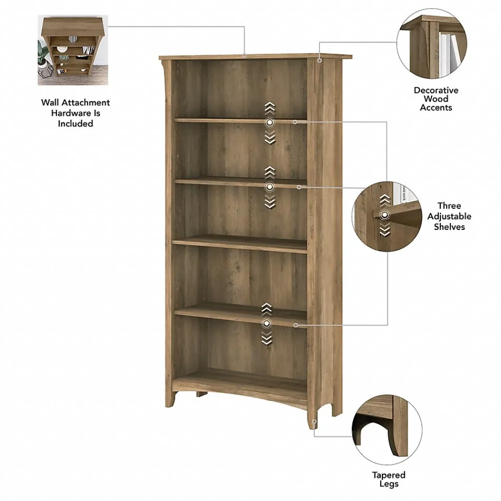 L-Desks*Bush Furniture Salinas 60"W L Shaped Desk with Lateral File Cabinet and 5 Shelf Bookcase, (SAL003RCP) Reclaimed Pine