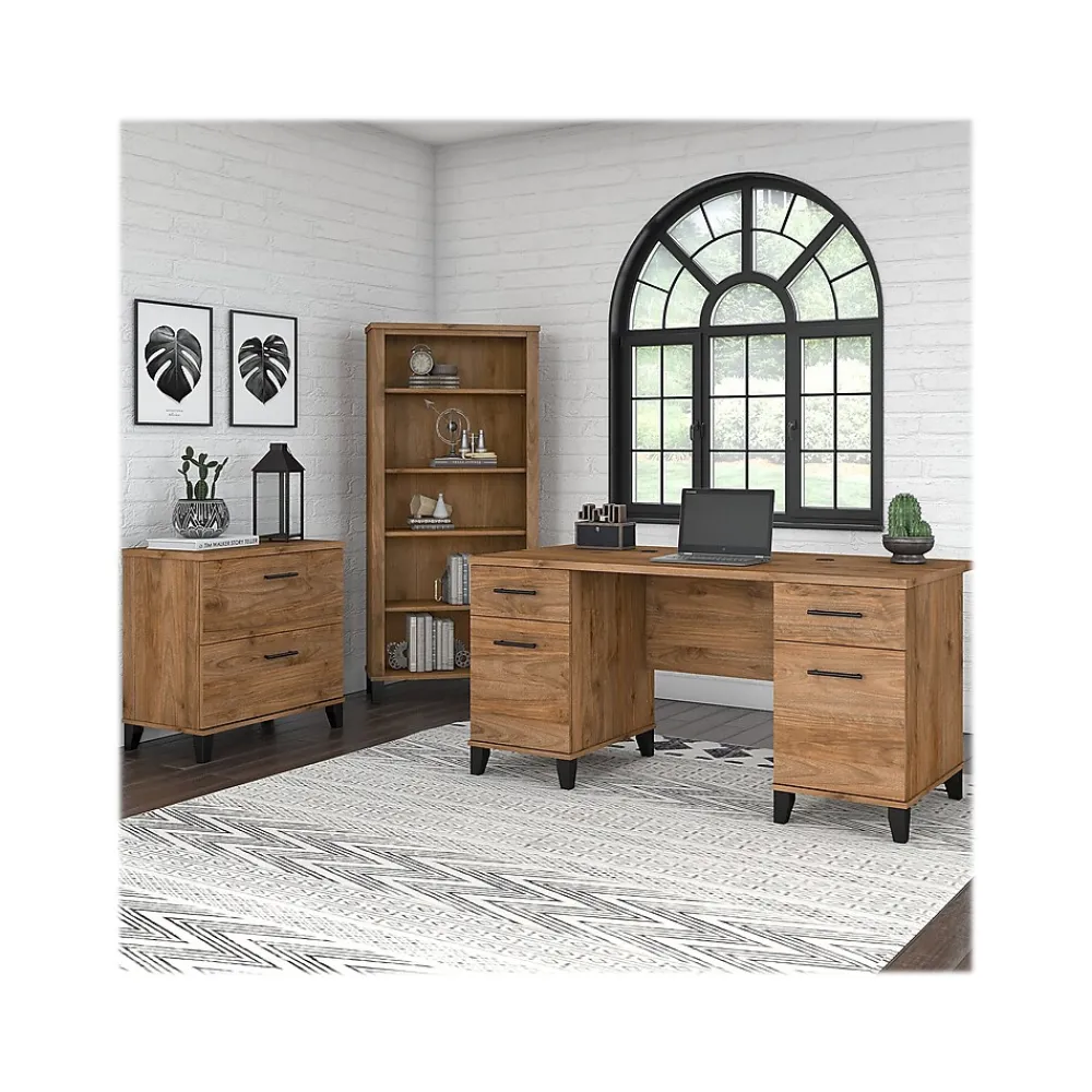 Computer Desks*Bush Furniture Somerset 60" Computer Desk with Lateral File Cabinet and 5-Shelf Bookcase, (SET013FW) Fresh Walnut