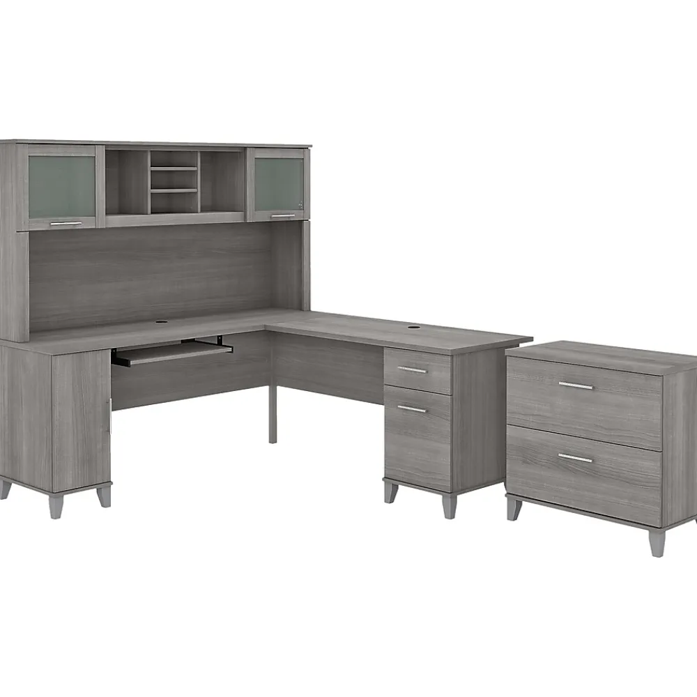 Office Desks*Bush Furniture Somerset 72"W L Shaped Desk with Hutch and Lateral File Cabinet, (SET009PG) Platinum Gray