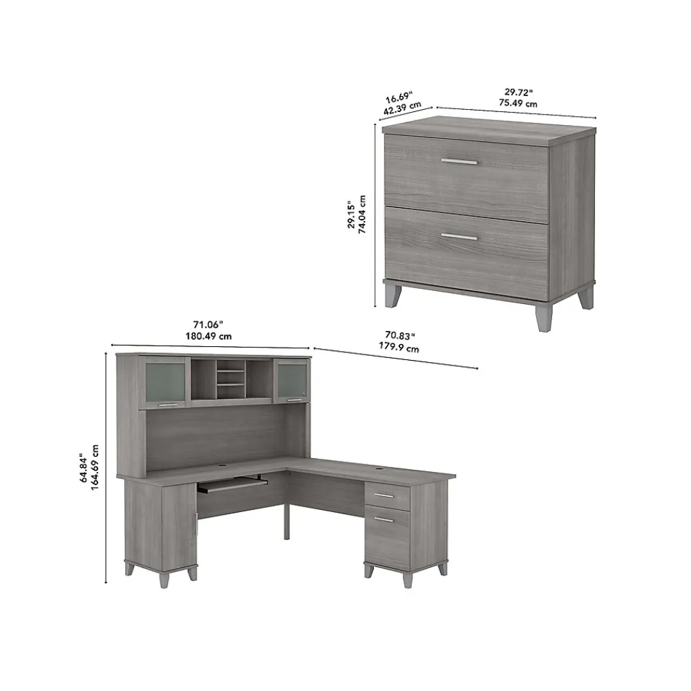 Office Desks*Bush Furniture Somerset 72"W L Shaped Desk with Hutch and Lateral File Cabinet, (SET009PG) Platinum Gray