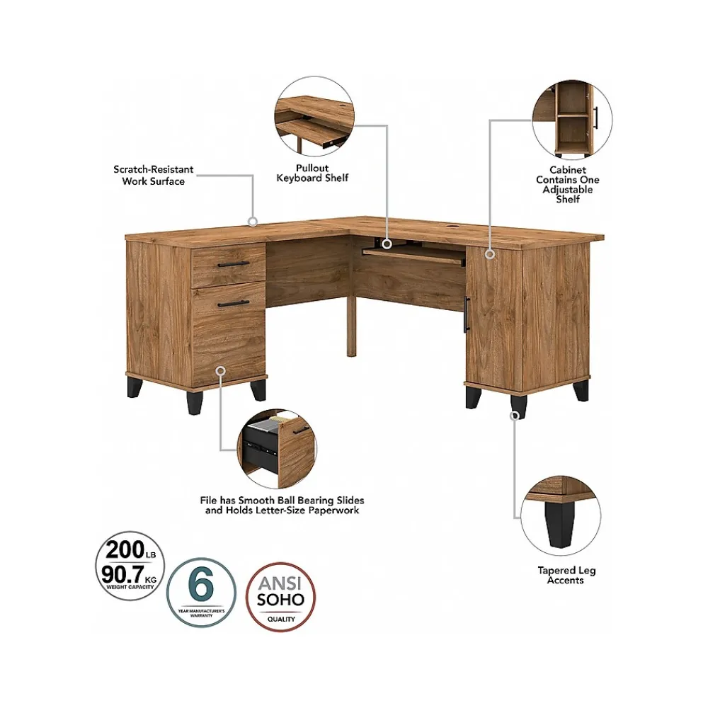 L-Desks*Bush Furniture Somerset 60"W L Shaped Desk with Hutch, (SET002FW) Fresh Walnut