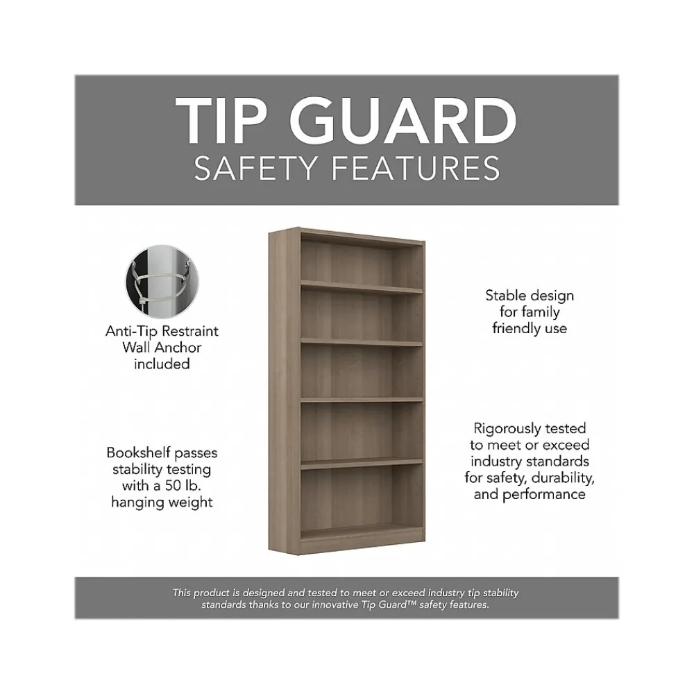 Bookcases*Bush Furniture Universal 72"H 5-Shelf Bookcase with Adjustable Shelves, Ash Gray Laminated Wood (WL12427)