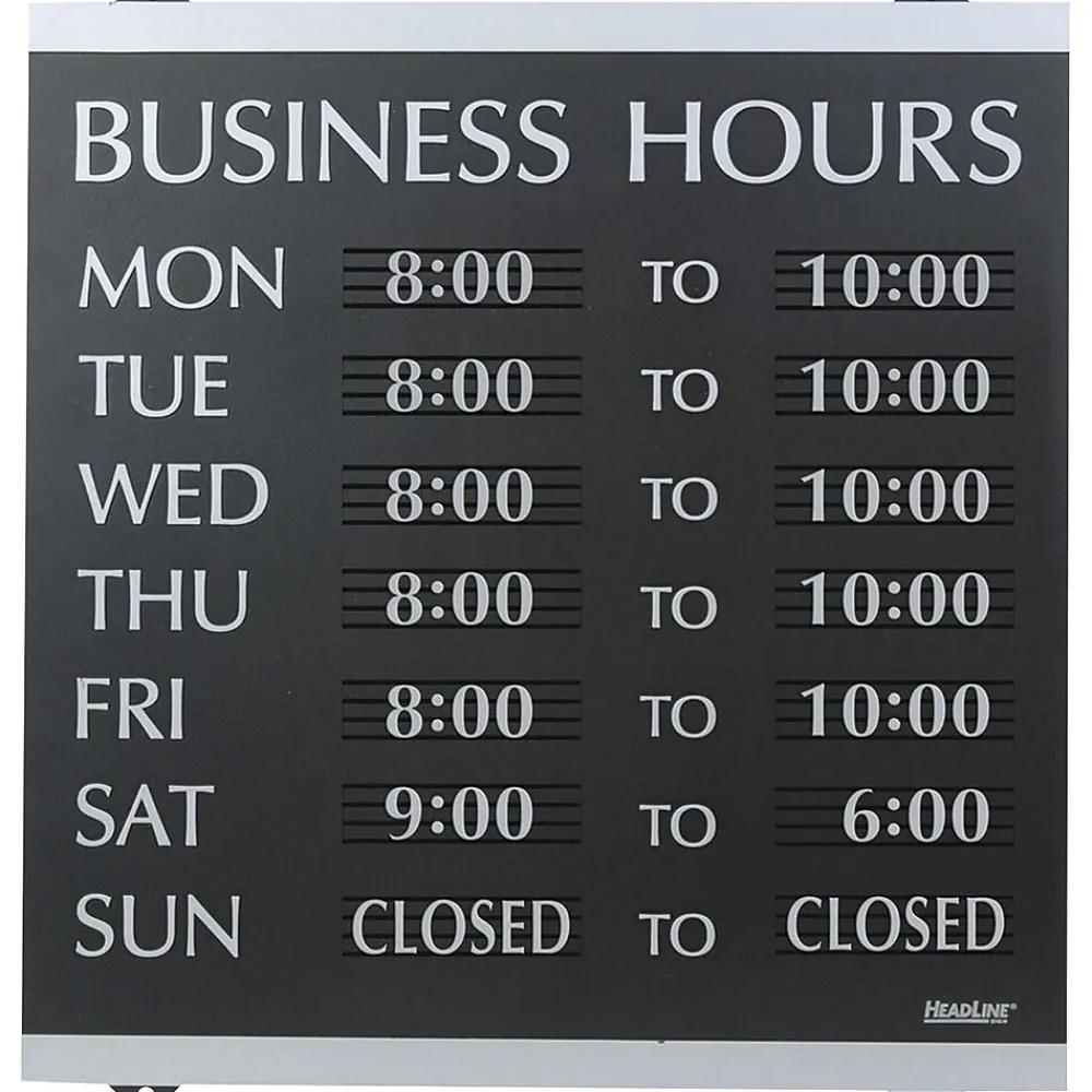 Headline Business Hours Sign, 14x13", Black/Silver, Caution Sign