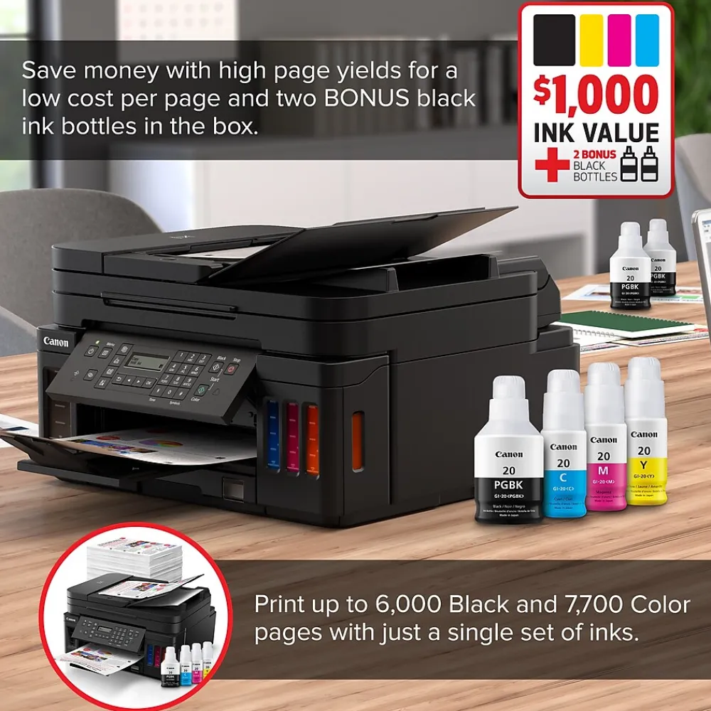Canon MegaTank PIXMA G7020 Wireless Color Inkjet Printer, All-In-One Supertank, Print, Scan, Copy, Fax (3114C002)