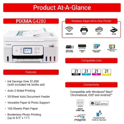 Canon PIXMA G4280 MegaTank Wireless Color Inkjet Printer, All-In-One, Print, Scan, Copy (6704C022)