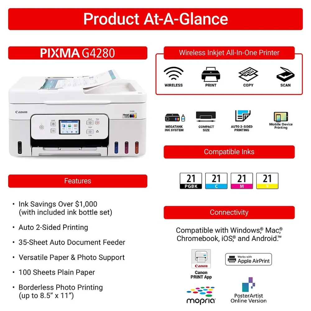 Canon PIXMA G4280 MegaTank Wireless Color Inkjet Printer, All-In-One, Print, Scan, Copy (6704C022)