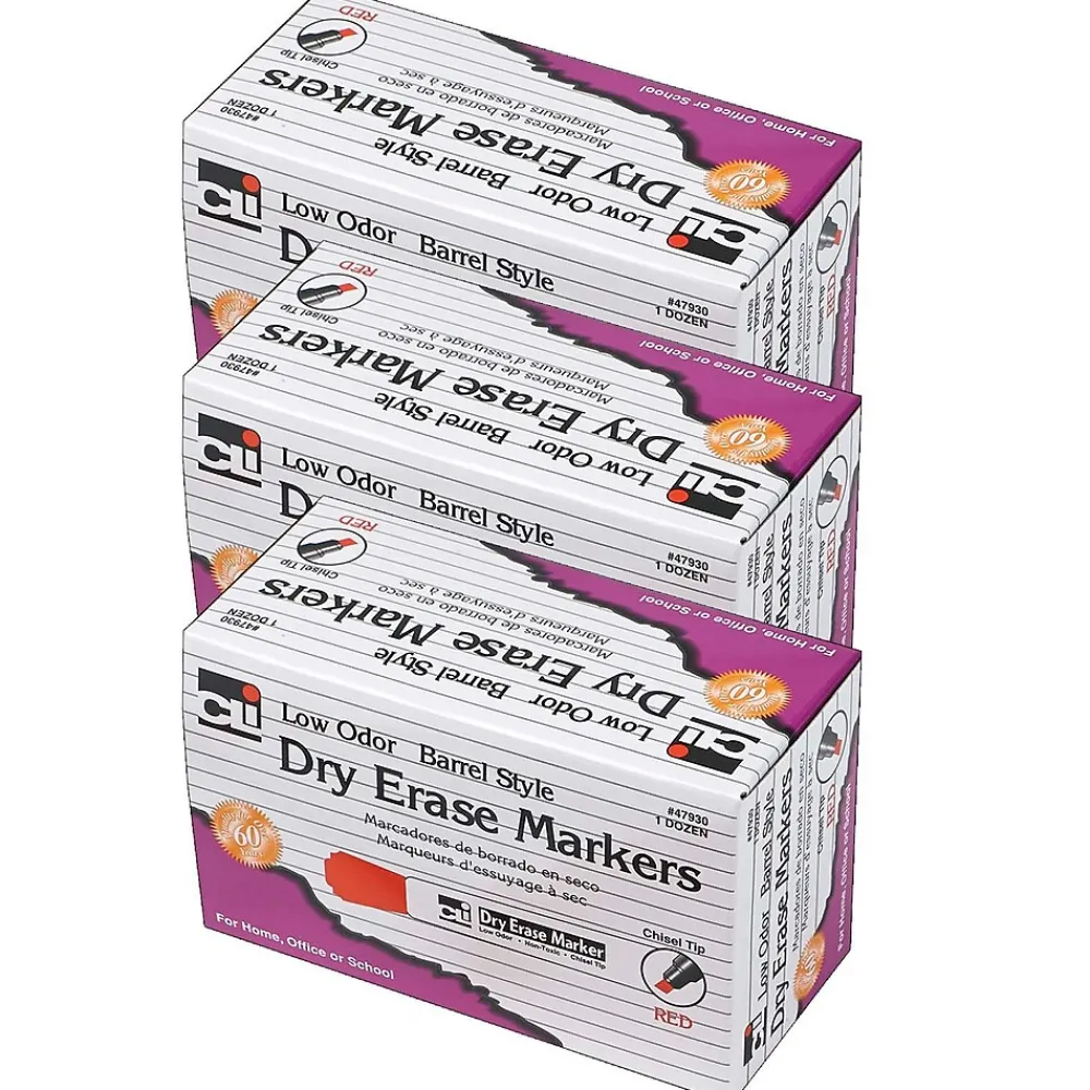 Markers|CLI Dry Erase Markers, Chisel Tip, Red, 12/Pack, 3 Packs (CHL47930-3)